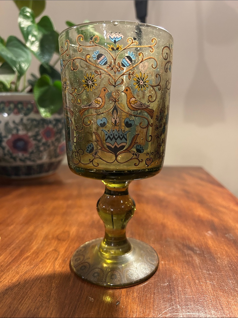 Vintage Alfred Taube Amber Bubble Glass Goblet with Birds